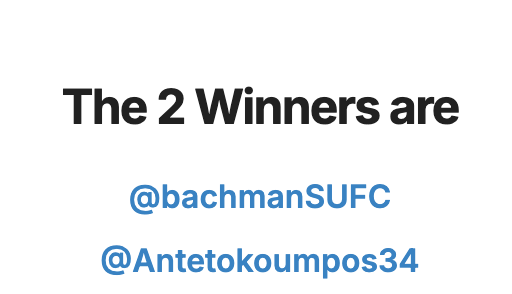 <a href="/FootballManager/">Football Manager</a> We've got our 2 winners! 

Congrats and keep an eye out for a DM, <a href="/bachmanSUFC/">bachmanSUFC</a> and <a href="/Antetokoumpos34/">siuuu🇺🇦</a>!