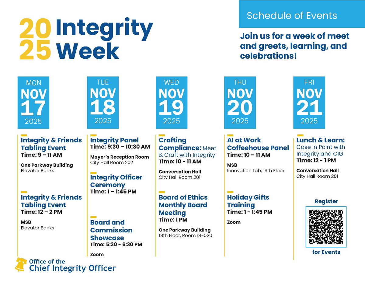 'Tis the season to get your holiday gifts training w/ me and my friends in the Office of the Chief Integrity Officer! Join us as part of the City's Integrity Week to learn the do’s and don’ts of giving and receiving during the holiday season

Email integrity@phila.gov to register