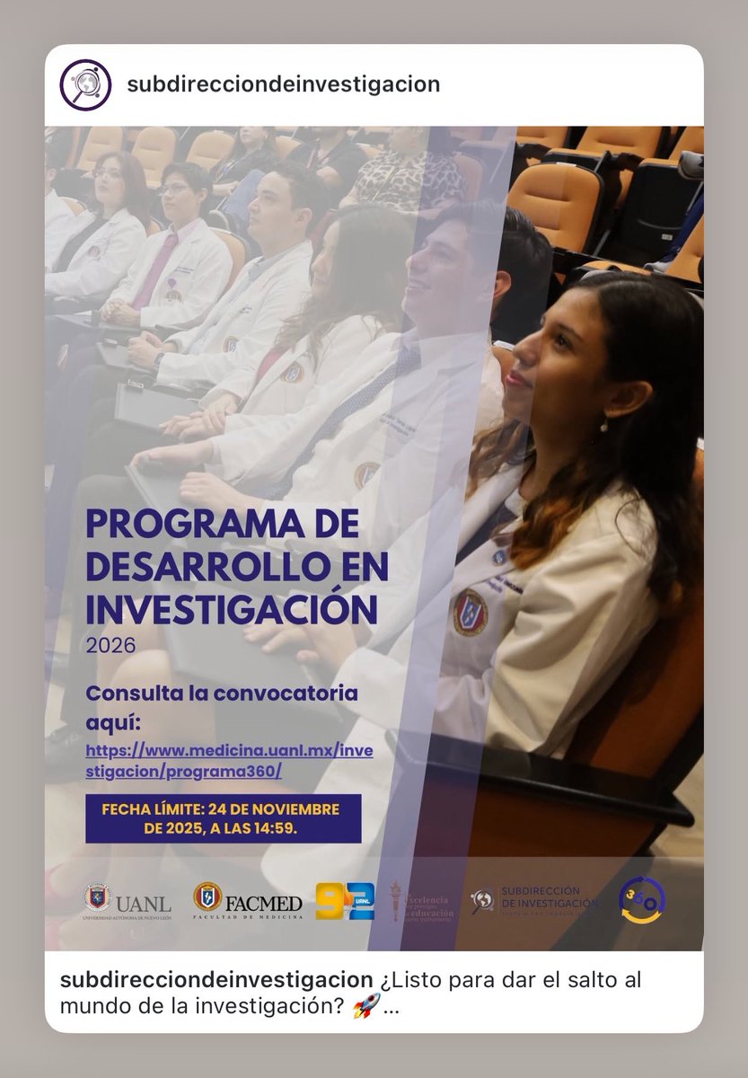 Si eres estudiante de FACMED UANL, está abierta la convocatoria para el programa de Desarrollo en Investigación 360, recomiendo ampliamente aplicar ☝🏼