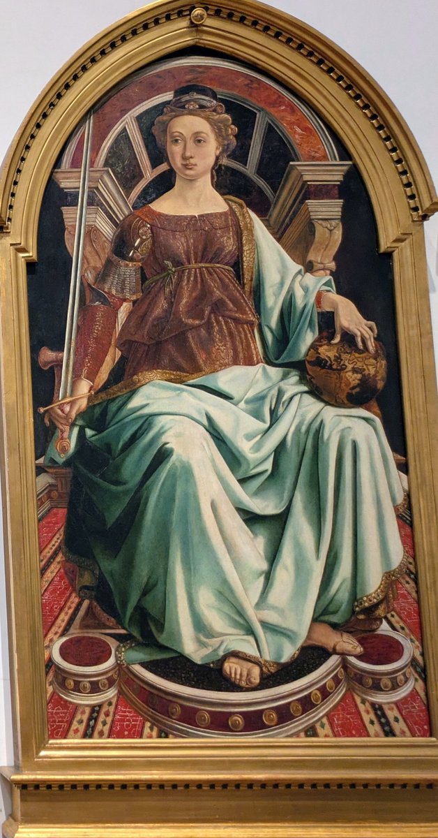 jetztsagichwas's tweet photo. @Metapolitiker Hier ist Giustizia, ca. 1470 von Piero del Pollaiolo gemalt, der ursprünglich mit der Erstellung aller "Tugenden" beauftragt war.
In einer Hand das Schwert, balanciert sie mit der anderen die Weltenkugel auf ihrem Knie. Keine Waage, was ich interessant finde... https://t.co/Ahilz7jExC
