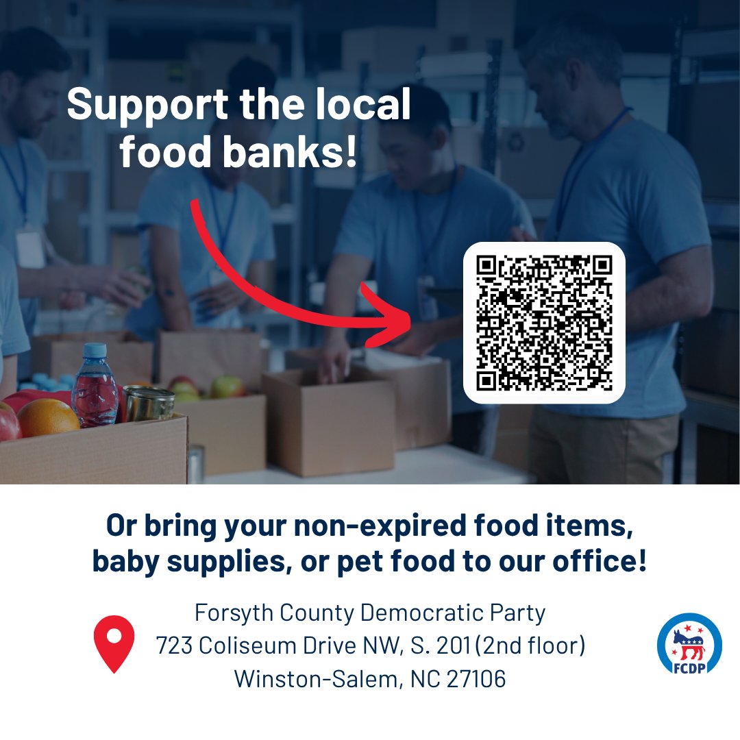 ForsythDemsNC's tweet photo. Many Forsyth families are still catching up after weeks of uncertainty.

🥫 Donate non-expired food, baby supplies, or pet food
📍 Drop off at our FCDP Office
📲 Or scan to find local food banks

Every act of care matters. 💙 https://t.co/2e49q1pEoY