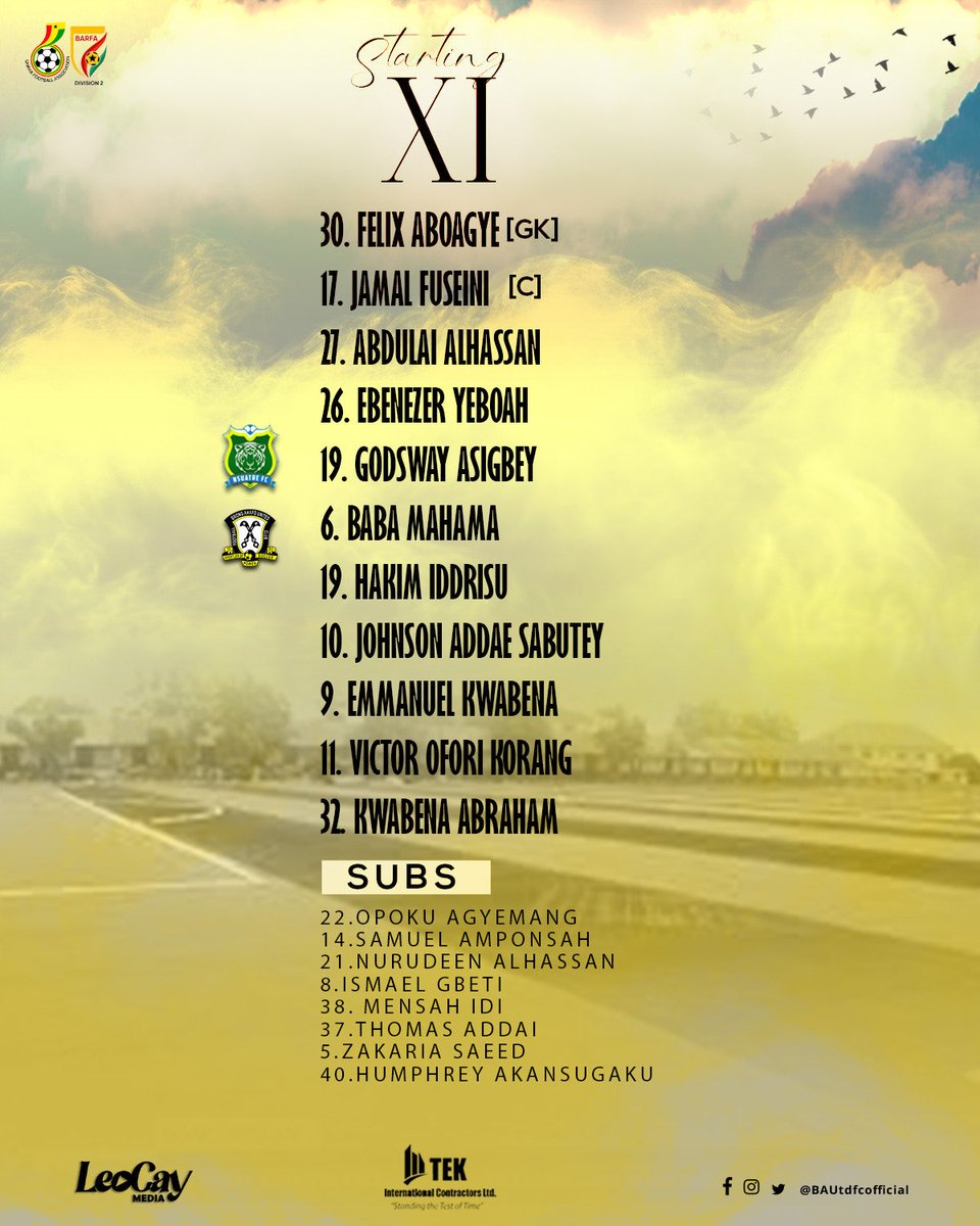 📋 Starting Lineup vs Nsoatre Nhyira FC
Our team is set and ready for today’s clash against Nsoatre Nhyira FC! 💪⚽
Let’s give our best performance and fight for the three points. 🔥