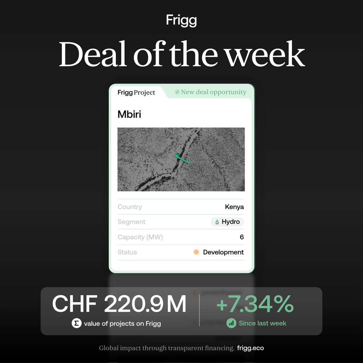 FriggEco's tweet image. 🌊 Deal of the Week: Kenyan Hydro

Located near Mount Kenya, this run-of-river hydro project is currently in development and designed to supply clean, reliable power to the region. Its site-specific design leverages natural elevation and flow to enable sustainable, long-term…