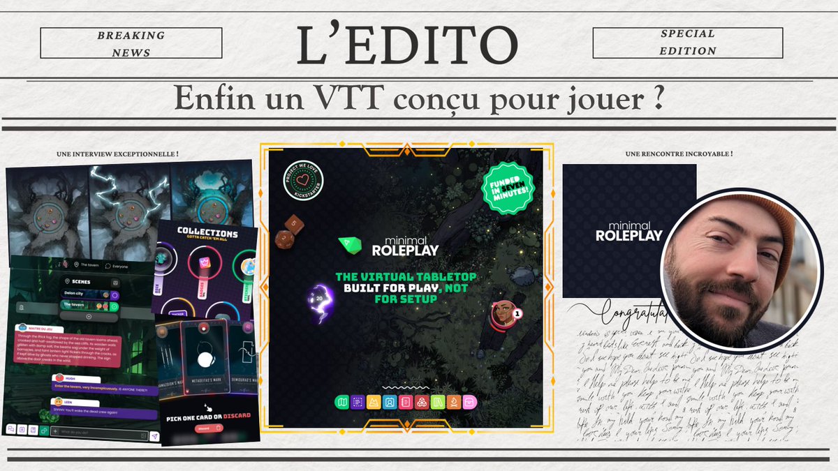 📰 À la une de l'EDITO : Minimal Roleplay
VTT complet, réseau social, éditeur de fiches de personnages et de scénario solo... Le tout misant sur l'accessibilité et la proximité. Que demander de plus ?

La rediff' : youtu.be/_-jNOwhCxyg
Le financement : kickstarter.com/projects/minim…
