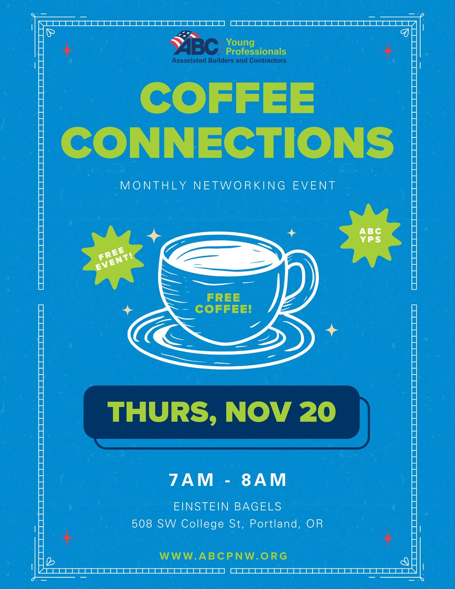 RobCon_Co's tweet image. ☕ Last Coffee Connections of 2024!

📅 Thurs, Nov 20
🕖 7–8 AM
📍 Einstein Bros. Bagels – 508 SW College St, Portland

Free coffee, bagels, &amp;amp; networking with ABC Young Pros — don’t miss it!

👉 abcpnw.org

#CoffeeConnections #ABCYoungProfessionals #TeamRobcon