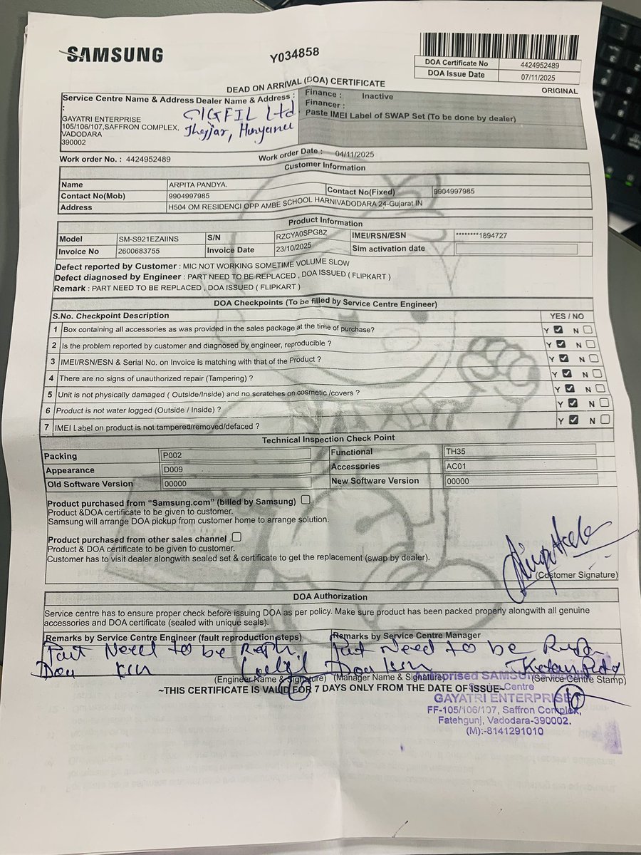 D0P3AF's tweet photo. @FlipkartSupport  
Samsung S24 DOA Certified (Manufacturing Defect).  
Flipkart committed resolution by 12 Nov, then 13 Nov, and now says “wait 72 hours” — still no update!  
Please resolve urgently.  
Order ID: OD435711302641385100

@SamsungIndia
#Flipkart #CustomerSupport https://t.co/lWPRoysCx6