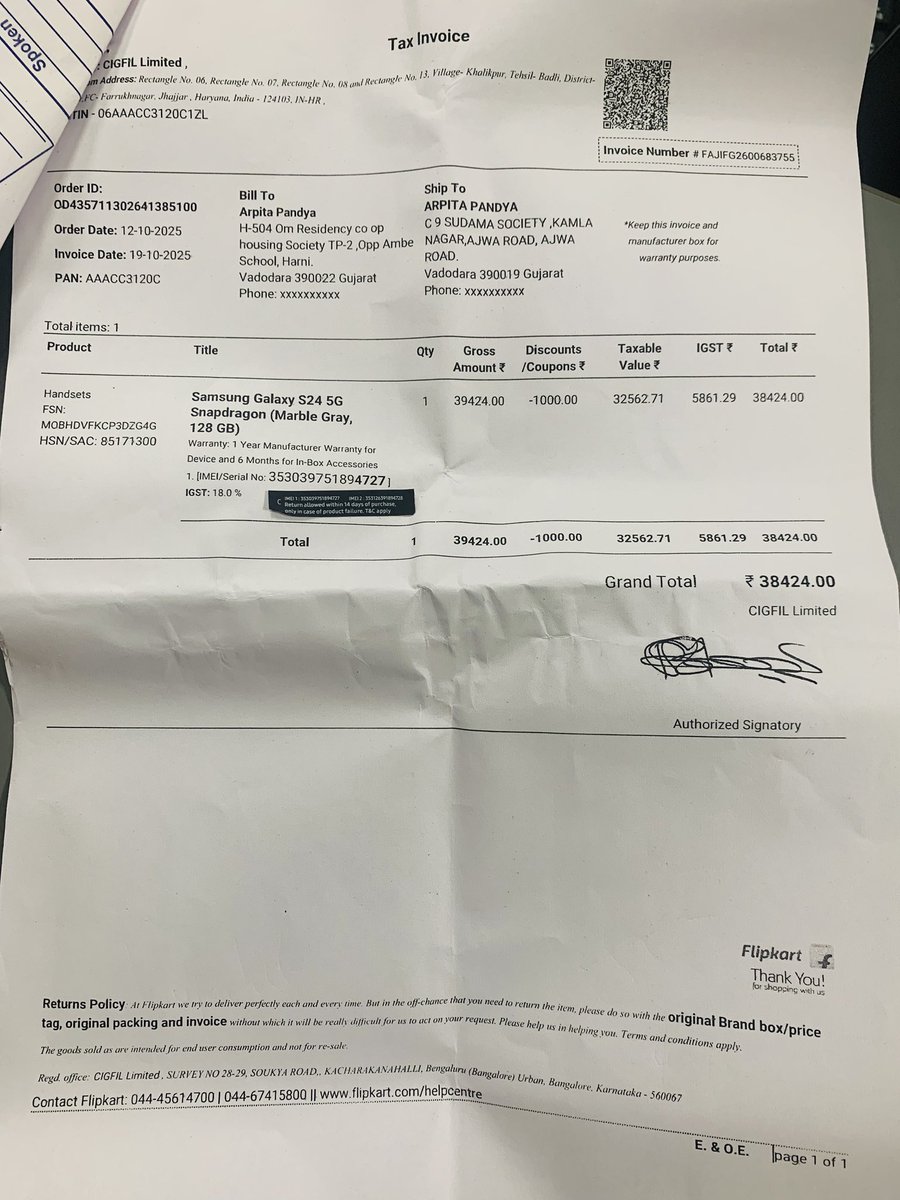 D0P3AF's tweet photo. @FlipkartSupport  
Samsung S24 DOA Certified (Manufacturing Defect).  
Flipkart committed resolution by 12 Nov, then 13 Nov, and now says “wait 72 hours” — still no update!  
Please resolve urgently.  
Order ID: OD435711302641385100

@SamsungIndia
#Flipkart #CustomerSupport https://t.co/lWPRoysCx6