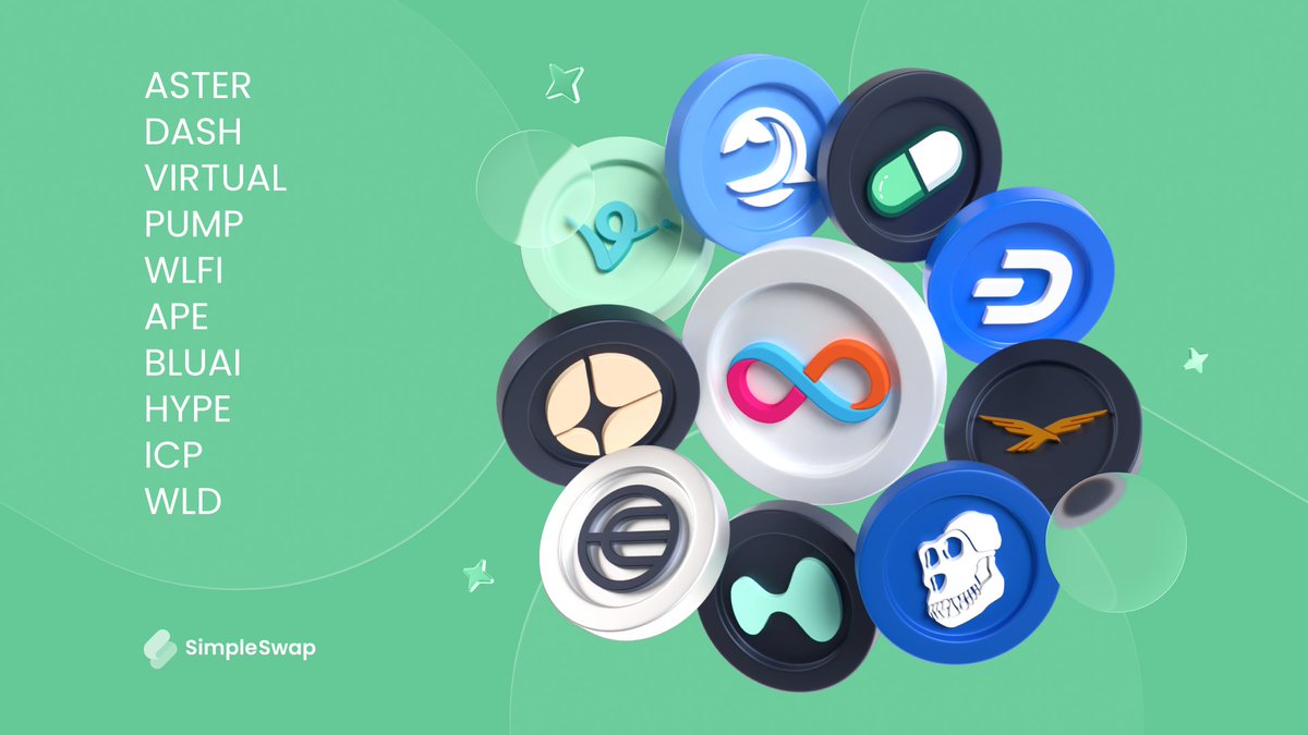 SimpleSwap_io's tweet image. 🔥 The market’s buzzing – and these coins are stealing the spotlight this week!

From solid utility plays to pure meme energy, here are the tokens everyone’s watching 👇

$ASTER (Expanding the DeFi frontier)
$DASH (The OG of digital payments)
$VIRTUAL (Building the virtual…