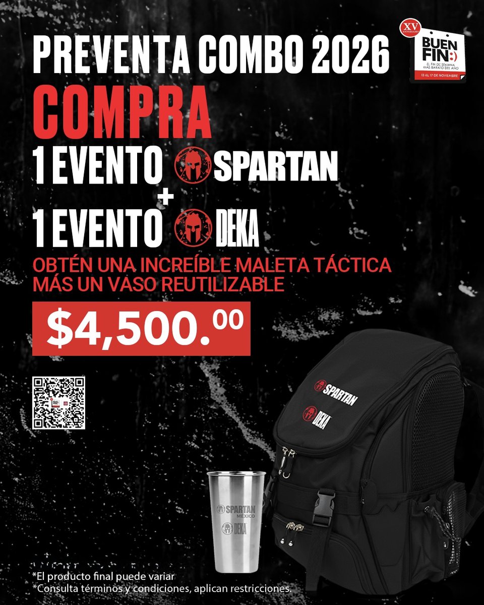 Tu 2026, a tu manera: una carrera Spartan + una competencia DEKA por $4,500.​
1 código = 2 usos (Spartan y DEKA). No aplica Spartan Ultra, DEKA Mile, DEKA Strong, DEKA Ultra y DEKA Atlas.​
No aplica para equipos en DEKA. 
🔗 hubs.ly/Q03T3CBF0
#BuenFin