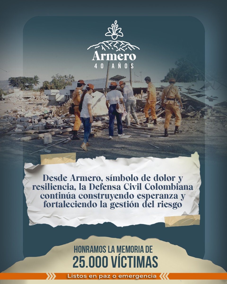 DefensaCivilCo's tweet image. 🕊️ Hace 40 años, la tragedia de Armero marcó para siempre la historia de Colombia.
Hoy rendimos homenaje a las más de 25.000 vidas perdidas y recordamos la fuerza de un país que aprendió del dolor.

La memoria nos une. Que nunca se olvide. 🧡 #Armero40Años