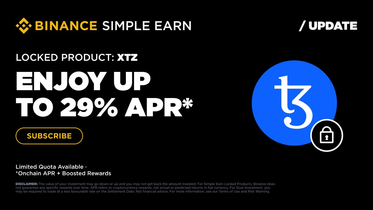 New promo on Binance Earn: $XTZ Locked Products!

Earn up to 29% APR. Subscribe your <a href="/tezos/">Tezos</a> Tezos now!

👉 binance.com/en/support/ann…