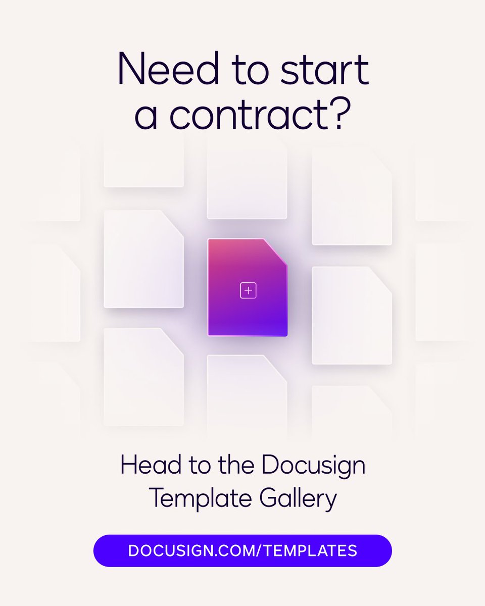 Docusign's tweet image. Stop searching &quot;NDA template&quot; at 11 pm. We got you covered!  

The Docusign Template Gallery just dropped with 40 ready-to-use agreement templates. Find it. Customize it. Send it. Done. ✨

Click the link to find out more:
ow.ly/vb3c50XreXf