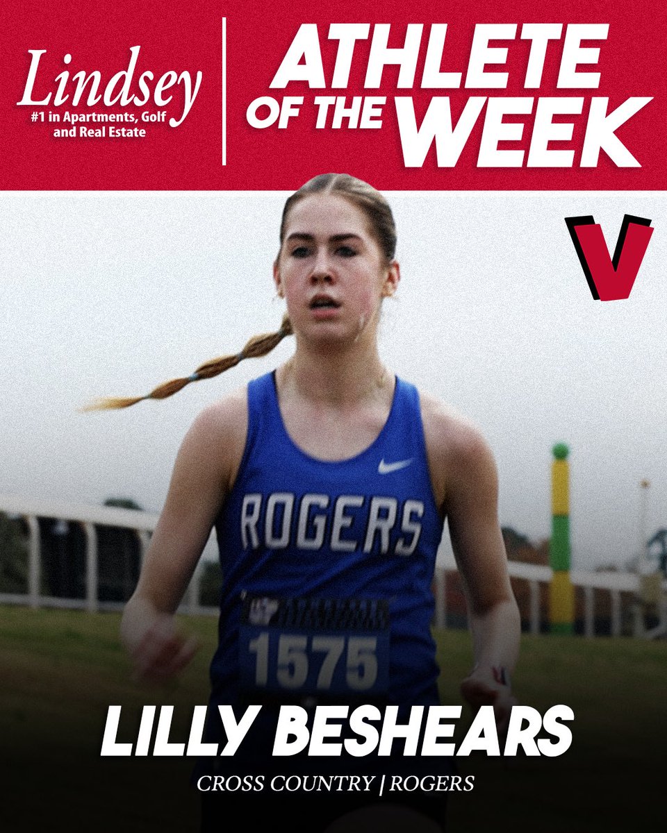 VarsityVibeAR's tweet photo. This week’s Lindsey Female Athlete of the Week is Rogers’s Lilly Beshears! 👏

Rogers senior Lilly Beshears picked up her second-straight 6A state cross country title following a dominant performance. Beshear finished with a time of 17:29.45, almost 22 seconds ahead of the runner-up. 

She was able to take an early lead on the course and used that momentum to put away the field.
