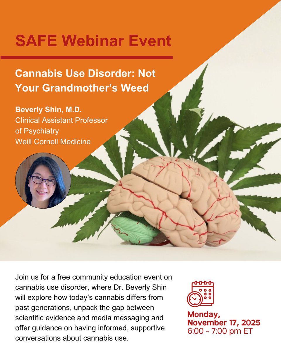 Cannabis today ≠ cannabis of the past. Join <a href="/WeillCornell/">Weill Cornell Medicine</a>’s SAFE Program on 11/17 for a free webinar with Dr. Beverly Shin on cannabis use disorder. Learn why cannabis research is complex, how today’s products differ &amp; how to talk about risks. Register: bit.ly/4nPxMWO
