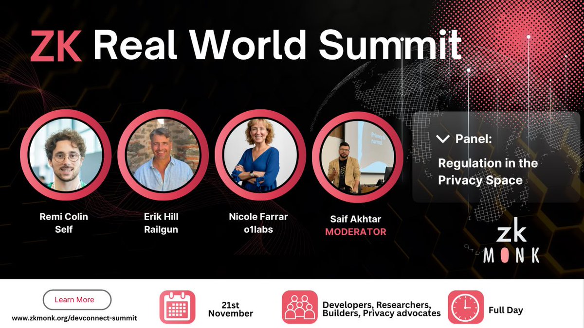 zk_monk's tweet image. Join this essential panel where experts tackle the most critical issue facing ZK adoption: Regulation in the Privacy Space.

Featuring: Remi Colin (@SelfProtocol), @Rotorless (@RAILGUN_Project), @zkLawyer_ (@o1_labs). Moderated by @saifonblock  (modulolabs.io)

🗓 21st…