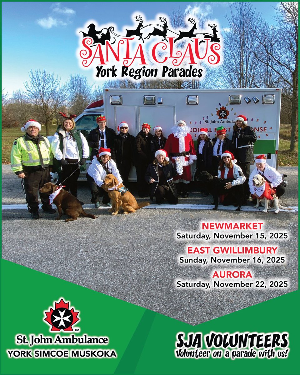 SANTA 🎅 CLAUS Parades coming to YORK! St. John Ambulance 🚑 <a href="/SJA_York/">SJA York Region</a> Simcoe Muskoka Volunteers are working together to bring in the Holiday Cheer! We will be in NEWMARKET, EAST GWILLIAMBURY &amp; AURORA Santa Parades with possibly more events to follow. See you there!

<a href="/SJAOntario/">St.John Ambulance ON</a>