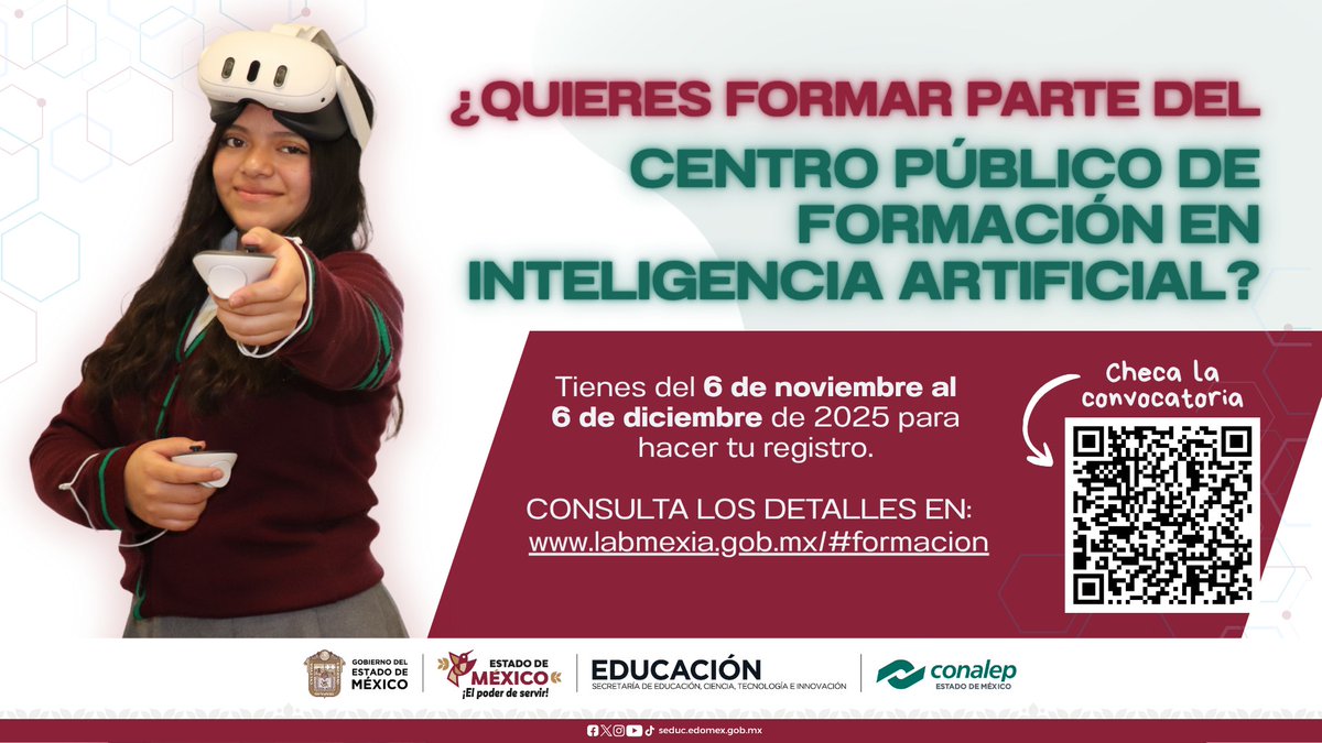 Conalep_Edomex's tweet image. El Centro Público de Formación en Inteligencia Artificial impulsa el talento mexicano con un entrenamiento intensivo de 5 meses en IA, idiomas y habilidades blandas. 🤖💬

🗓️ Inicia en enero.
🔗 Inscríbete en labmexia.gob.mx

#InteligenciaArtificial #TalentoDigital