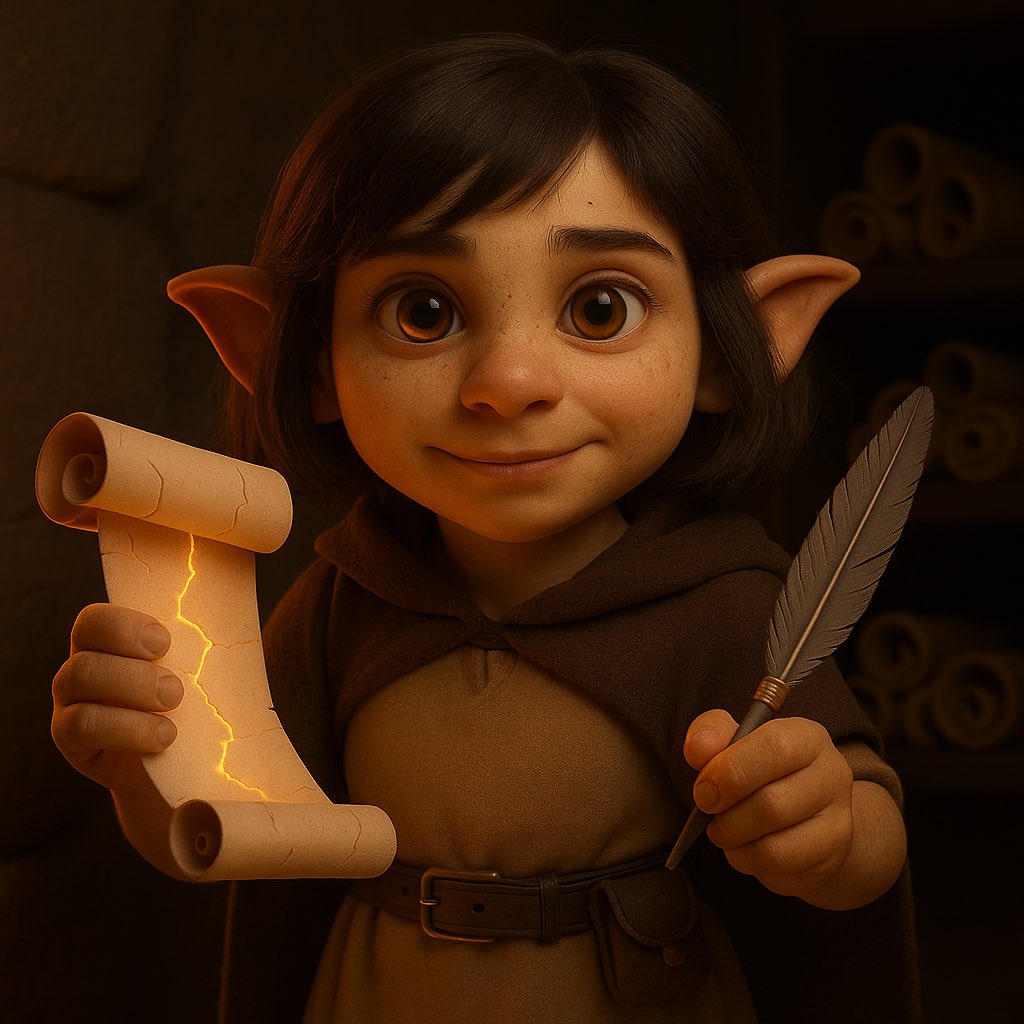 skoblin_'s tweet photo. 🪶 Lira of the Dustscrolls
📜 Stoneeye Tribe – Clan: Dustscroll
✨ “Every scroll holds a secret… and I want to read them all!”

Don’t let her small hands fool you — Lira’s already decoding chants older than the cliffs themselves.
From whispering vaults to wax-stamped scrolls, her quill never rests.

Eyes like amber, heart full of questions.
The youngest Rune-Scribe of the canyon is just getting started.

#Skoblin #StoneeyeTribe #DustscrollClan #FantasyLore #RuneScribe #ScrollSeeker