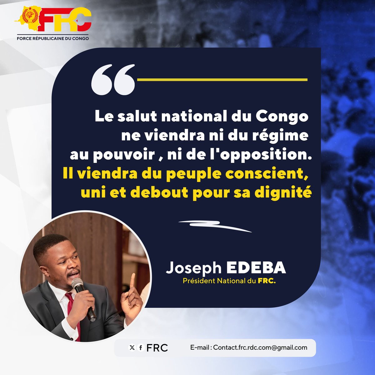 🇨🇩 La RDC ne sera sauvée ni par les promesses d’un régime fatigué,
ni par les illusions d’une opposition divisée.

Elle sera sauvée par un peuple conscient de sa force,
uni dans la dignité et déterminé à reprendre son avenir.

C’est la vision de la Force Républicaine du Congo