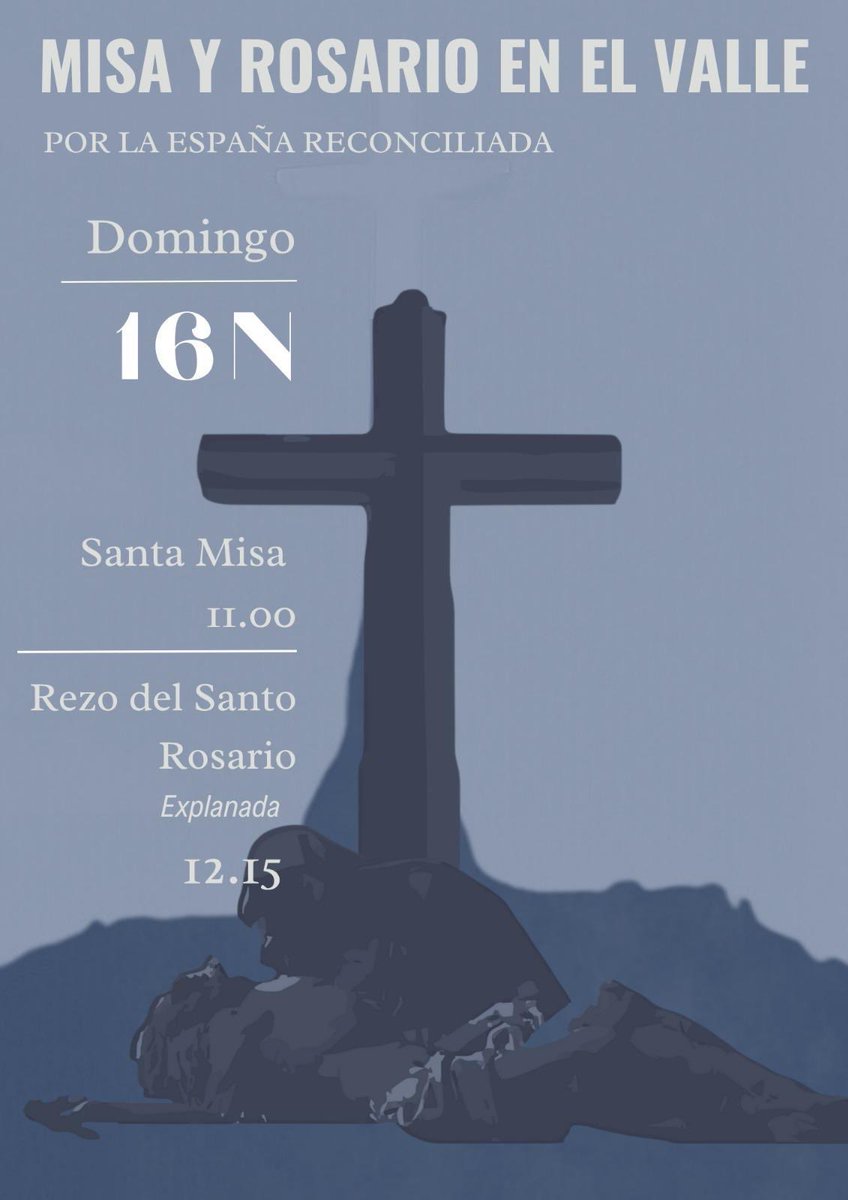 ¡HA LLEGADO EL MOMENTO DE ACTUAR! 

🚨ROSARIO PÚBLICO en DEFENSA del VALLE de los CAÍDOS.

📅 Domingo 16 de noviembre.

🕰️ 12:15

📍EXPLANADA de la BASÍLICA del Valle de los Caídos.

🔄 PÁSALO