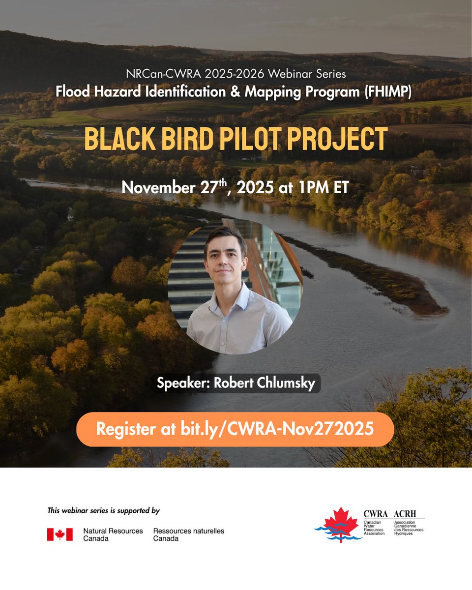 CWRA_Flows's tweet photo. Join us for our fourth webinar with @NRCan featuring speaker, Robert Chlumsky!
🗓️ Date: Nov 27th, 2025 at 1PM ET
🔗 Read more here: https://t.co/2GFia0a65g -and- register here: https://t.co/Cflh75wwUW
#floodmapping #fhimp #climatechange #floodresearch #nrcan #eccc #flooding https://t.co/4tPNTWmVTF
