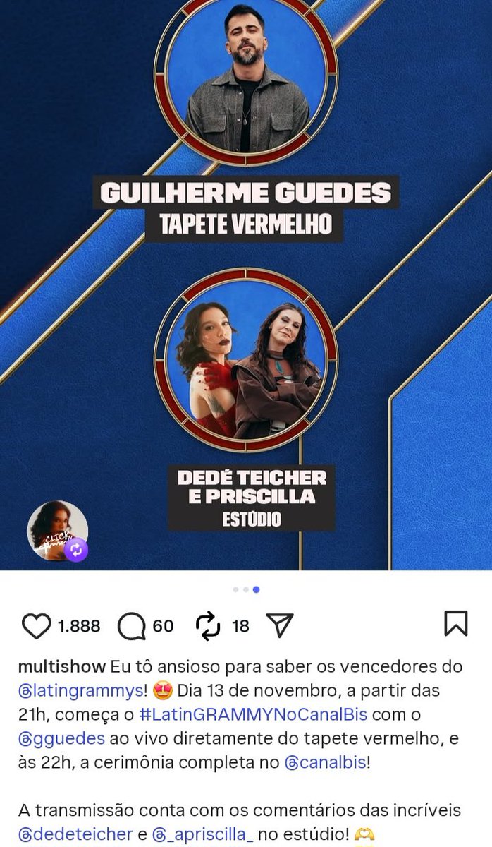 UNIPRII's tweet image. QUE CHIQUE 🥵

PRISCILLA se junta a Dedé Teicher e Guilherme Guedes para cobrir o Latin Grammy 2025 HOJE!! 

LATIN GRAMMY 2025, hoje às 21h