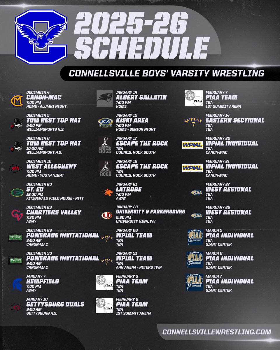 In three weeks the boys team will kickoff the 2025-26 season on December 4 a dual at HOME. The  match will feature two of the top programs in the WPIAL and PIAA. Canon-McMillan is the winningest program in Pennsylvania Connellsville is 18th. They are #1 and #3 in the WPIAL