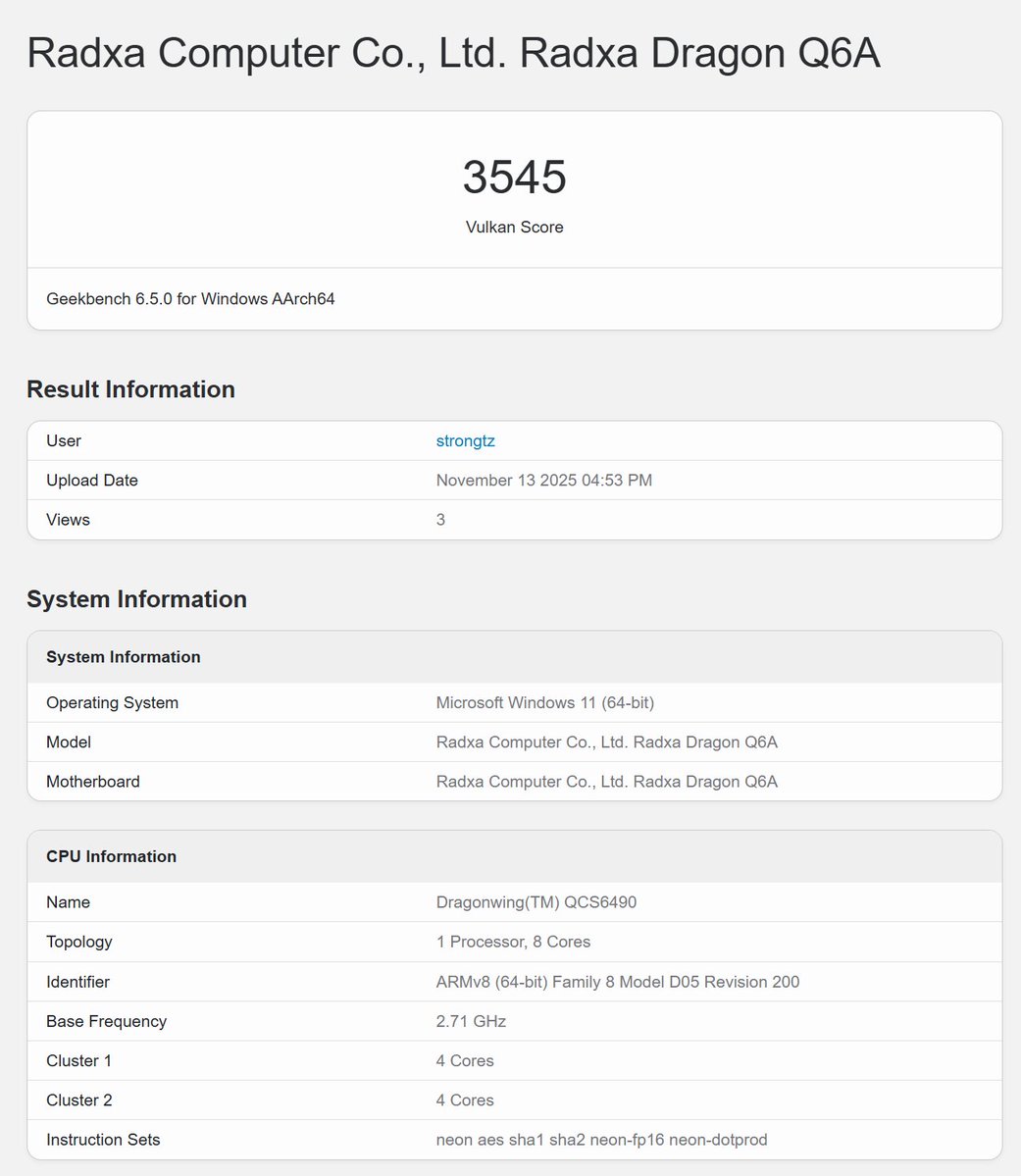 SophonWu's tweet image. Windows on @RadxaComputer Dragon Q6A with fully functional GPU, more hardware features are getting enabled soon

browser.geekbench.com/v6/cpu/15015191
browser.geekbench.com/v6/compute/519…