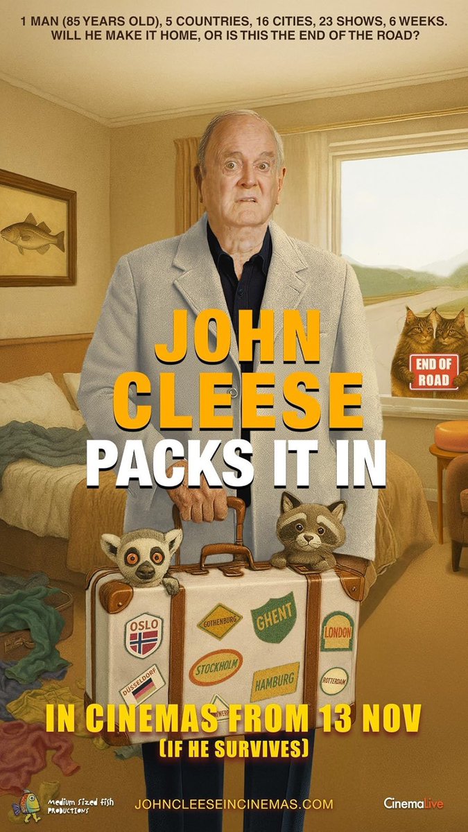 JohnCleese's tweet image. TODAY IS THE DAY! “John Cleese Packs It In” is NOW showing at your local cinemas! Bring your bum to johncleeseincinemas.com to find a showing near you and get tickets. I look forward to hearing all of your reviews and hope you enjoy the documentary.