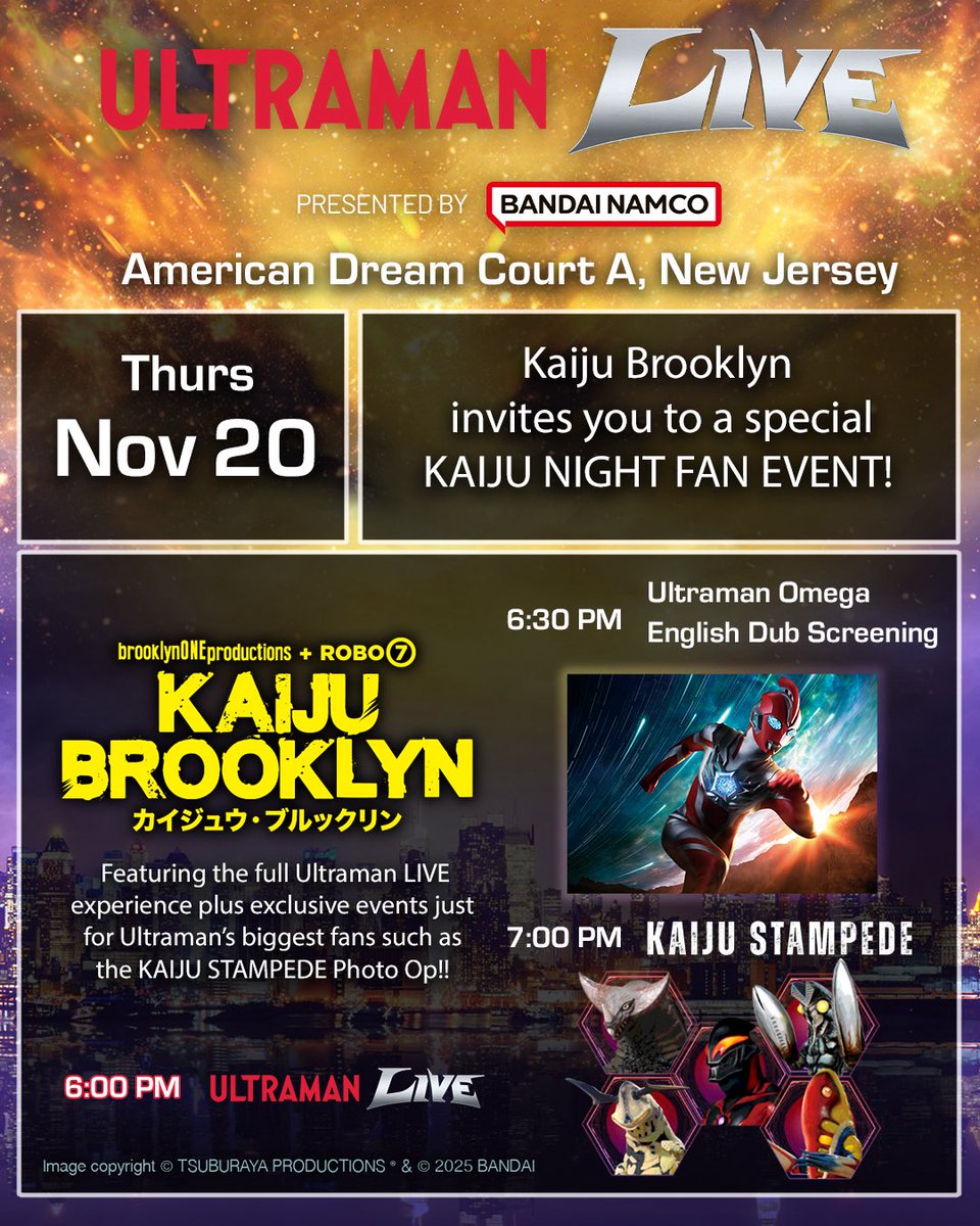 Kaiju Brooklyn invites you to a special KAIJU NIGHT FAN EVENT! Find <a href="/ROBO7art/">ROBO7</a> and say “Kaiju Brooklyn” for a Swag Bag (supplies limited)! <a href="/TsuburayaGlobal/">ULTRAMAN Global</a> <a href="/brooklynONE/">bkONE productions</a>