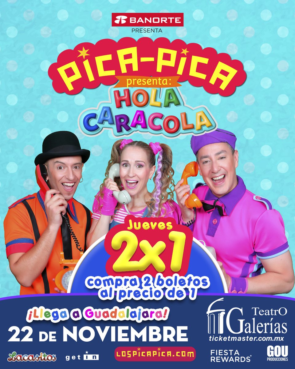 gouproducciones's tweet image. ¡Familia, hoy es jueves de #2x1! 🎉
Aprovecha esta promoción y consigue tus boletos para disfrutar en vivo del show infantil Pica Pica ¡Hola Caracola! 🐚

Dale swipe y consulta nuestras plazas 👉🏼