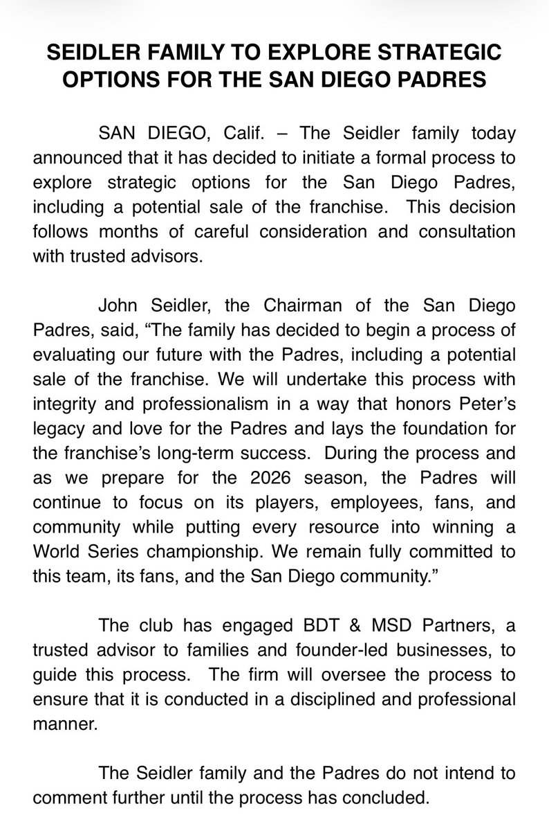 Padres ownership has released a statement regarding the franchise: