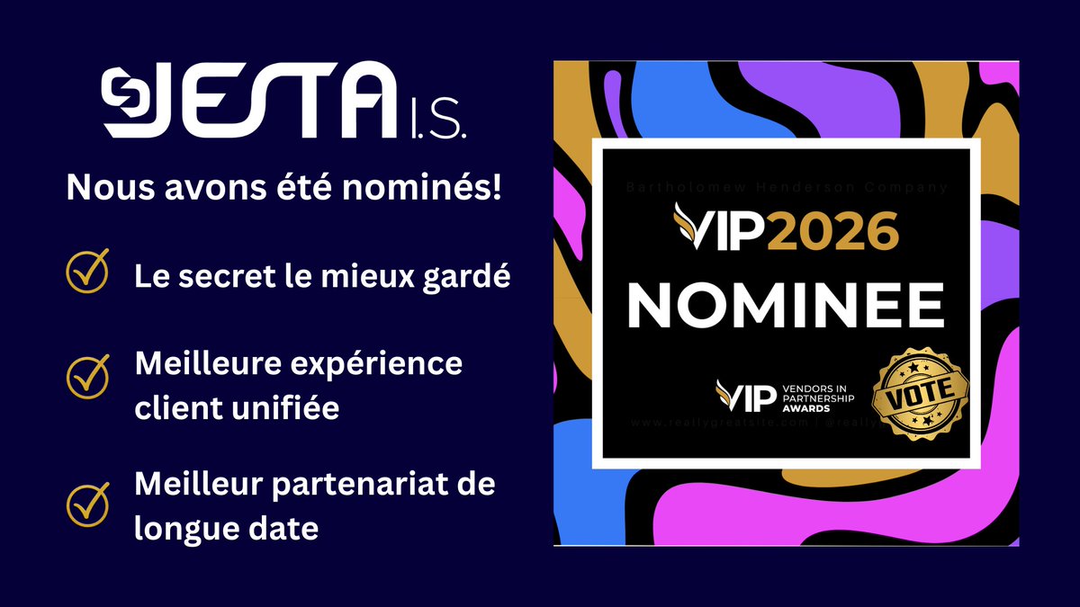 📢Nous sommes fiers de vous annoncer que Jesta I.S. est nominée pour trois prix <a href="/Vendor_Awards/">Vendors in Partnership Awards</a> 

À nos formidables clients, partenaires et soutiens : nous serions ravis de recevoir votre vote! 

usvendorawards.awardsplatform.com/entry/vote/qEO…