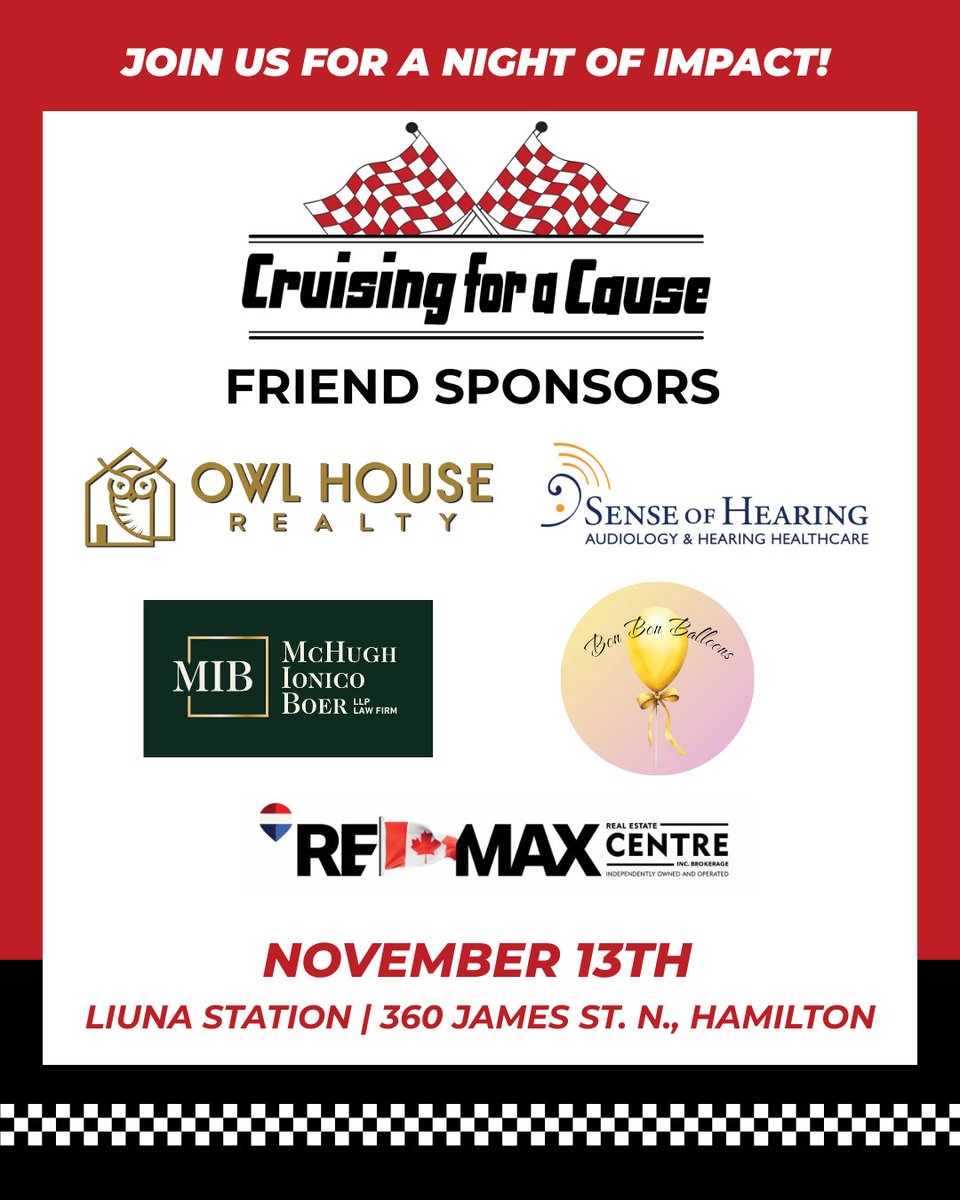 Tonight's the night! #CAPGala2025 would not be possible without these amazing Friend Sponsors and their dedication to the Cancer Assistance Program. 

🏁 Owl House Realty
🏁 Sense of Hearing
🏁 McHugh Ionico Boer
🏁 Bon Bon Balloons
🏁 Remax Real Estate Centre
