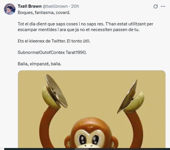 txellbrownie's tweet photo. Més que res perquè amenaces molt, però jo no sóc el out of context. Sóc una altra persona. I tinc una denuncia per tu que et voldria donar. Ens identifiquem @txellbrown ? https://t.co/kODMAF2Qw7