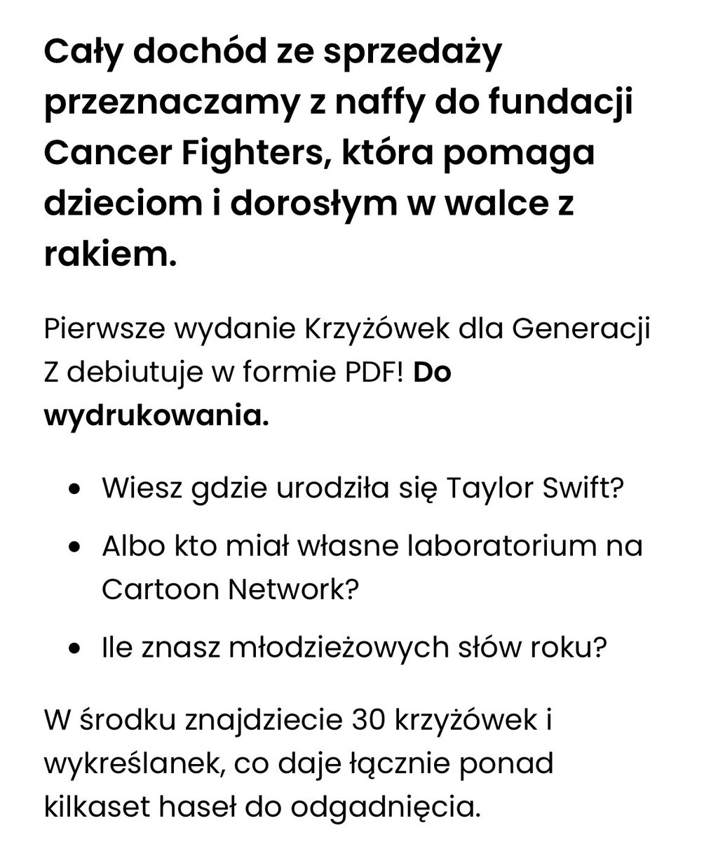 Za zaledwie 18 zł możecie kupić sobie fajne krzyżówki w wersji pdf, z których CAŁY dochód idzie na fundację Cancer Fighters!!!!