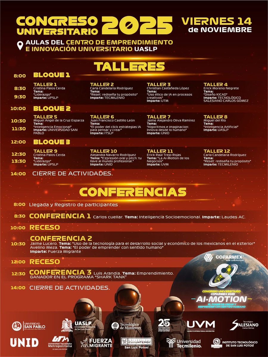 Nos vemos el día de mañana en el 8vo Congreso Universitario AI Motion de <a href="/COPARMEX_SLP/">COPARMEX  SLP</a>

Estaré participando con la UNID Campus San Luis Potosí en el taller : expresión oral y pitch, tu llave al mundo profesional. 

Gracias a mi amiga y rectora Verónica Félix por el espacio.