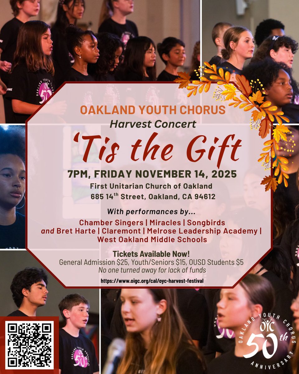 Tomorrow’s the Night! 💜Join us as we kick off the holiday season with the Oakland Youth Chorus Harvest Concert - ‘Tis the Gift!

• Friday, November 14 at 7PM
• First Unitarian Church of Oakland

🎟️: oigc.org/holiday