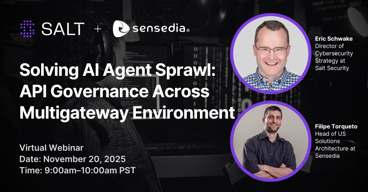 AI adoption is skyrocketing, but governance hasn’t caught up. Join Salt and <a href="/Sensedia/">Sensedia</a> to discover how to:
🌐Unify governance across multi-gateway architectures
🤖Rein in AI agent sprawl
🛡️Keep innovation moving without compromising security or compliance: events.salt.security/solvingaiagent…