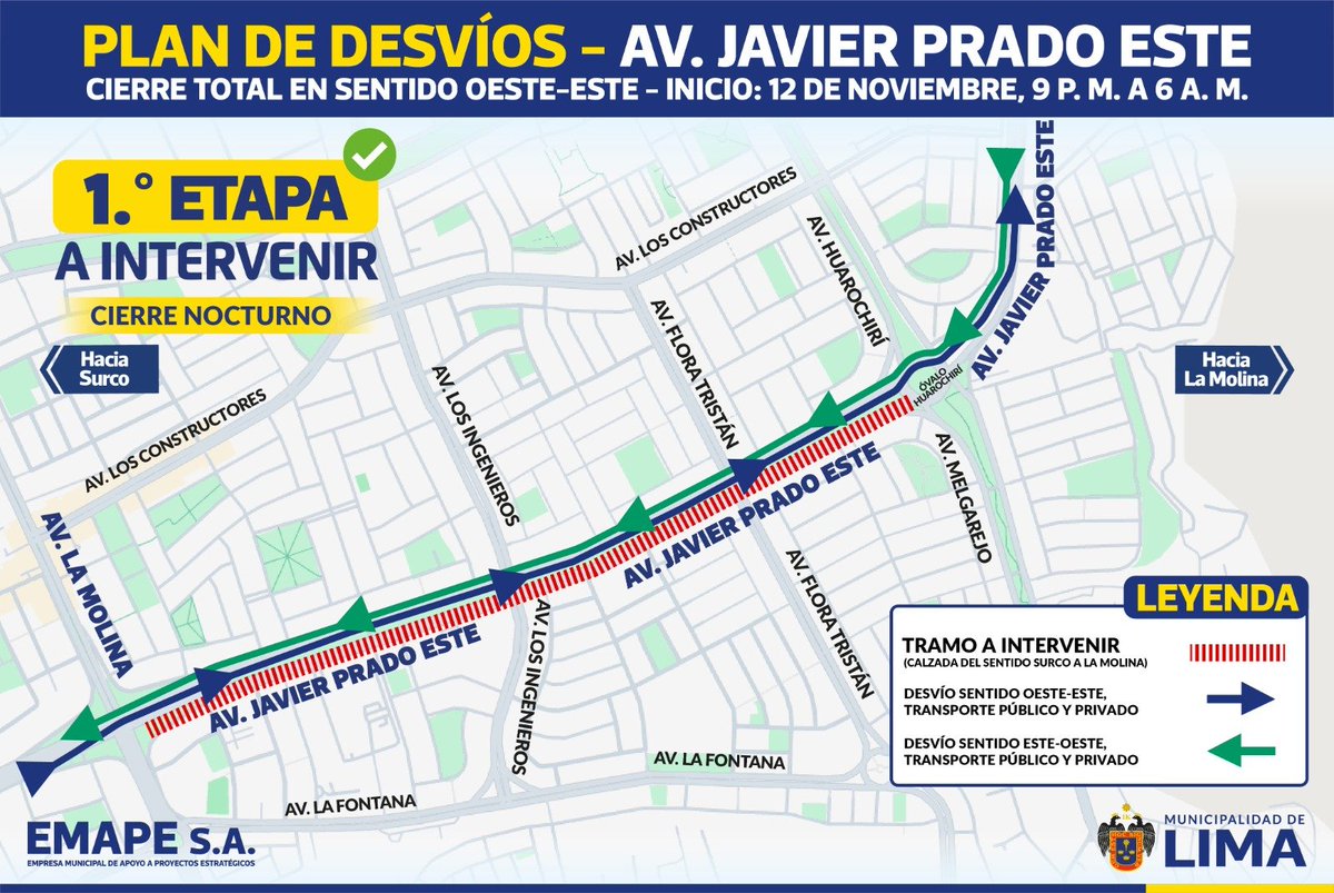 MariaFalla99598's tweet image. 🟢 #MML: Av. Javier Prado: se iniciaron los desvíos por las obras del mantenimiento vial
La primera etapa de los trabajos se ejecutará hasta fines de noviembre. gob.pe/institucion/mu…
