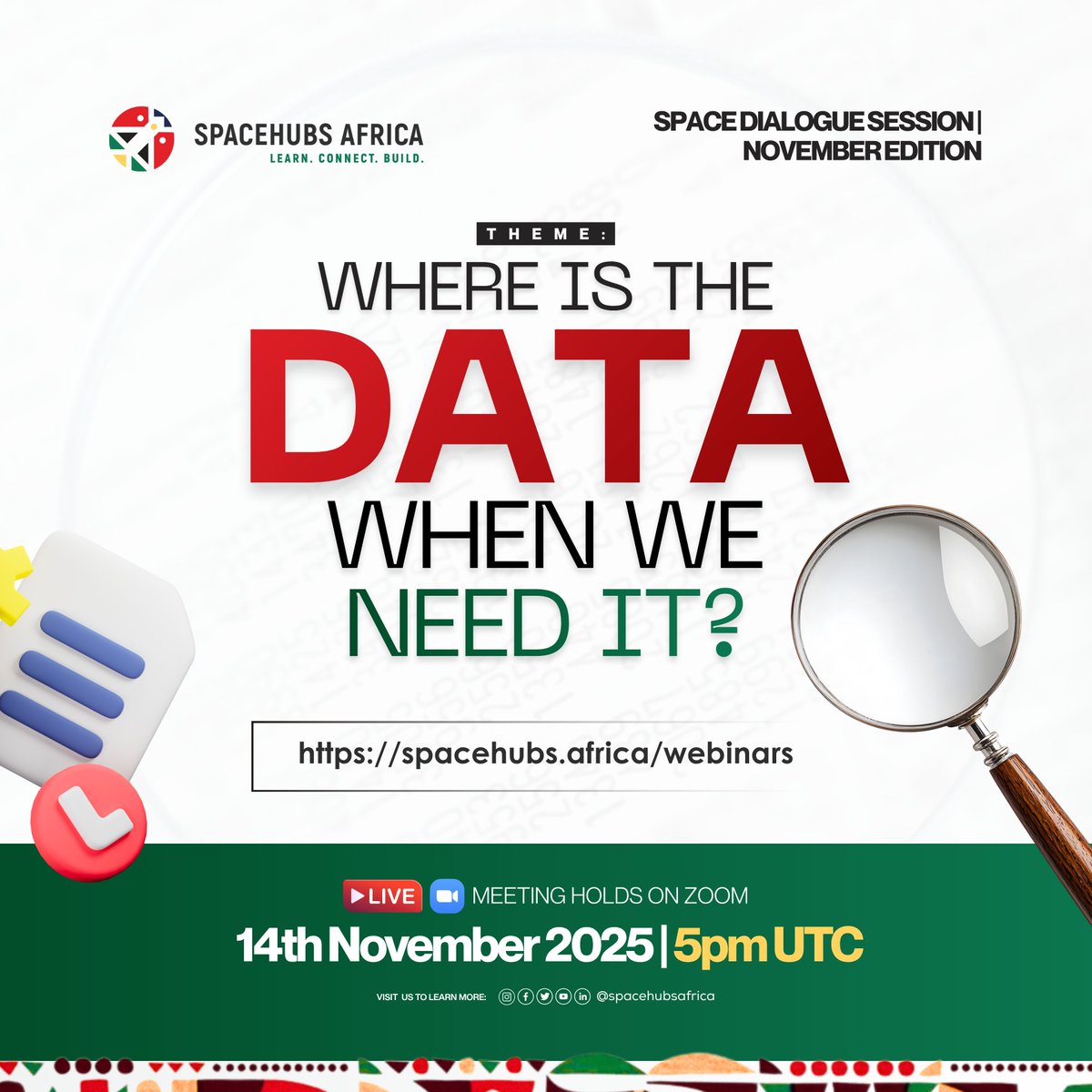 It’s happening tomorrow! 🚀

Join us for the November #SpaceDialogueSeries with <a href="/EbrukaNelly/">Magdala</a>  discuss the challenges of using #EarthObservation data for disaster monitoring in Africa with Omowonuola Akintola.

🕔 5 PM UTC | 🔗 spacehubs.africa/webinars