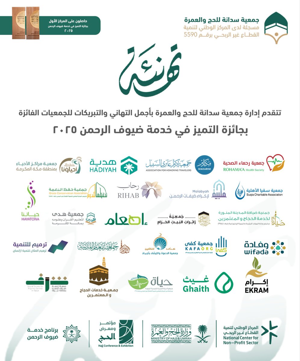 يسرنا في #جمعية_سدانة_للحج_والعمرة 
أن نُبارك للجمعيات الفائزة بـ جائزة التميز في#خدمة_ضيوف_الرحمن 
جهودٌ مشرفة وإسهاماتٌ نوعية تجسّد روح العطاء والاهتمام بخدمة الحجاج والمعتمرين، وتُعزز رؤية المملكة في خدمة ضيوف الرحمن. #جائزة_التميز #مؤتمر_ومعرض_الحج
#من_مكة_الى_العالم