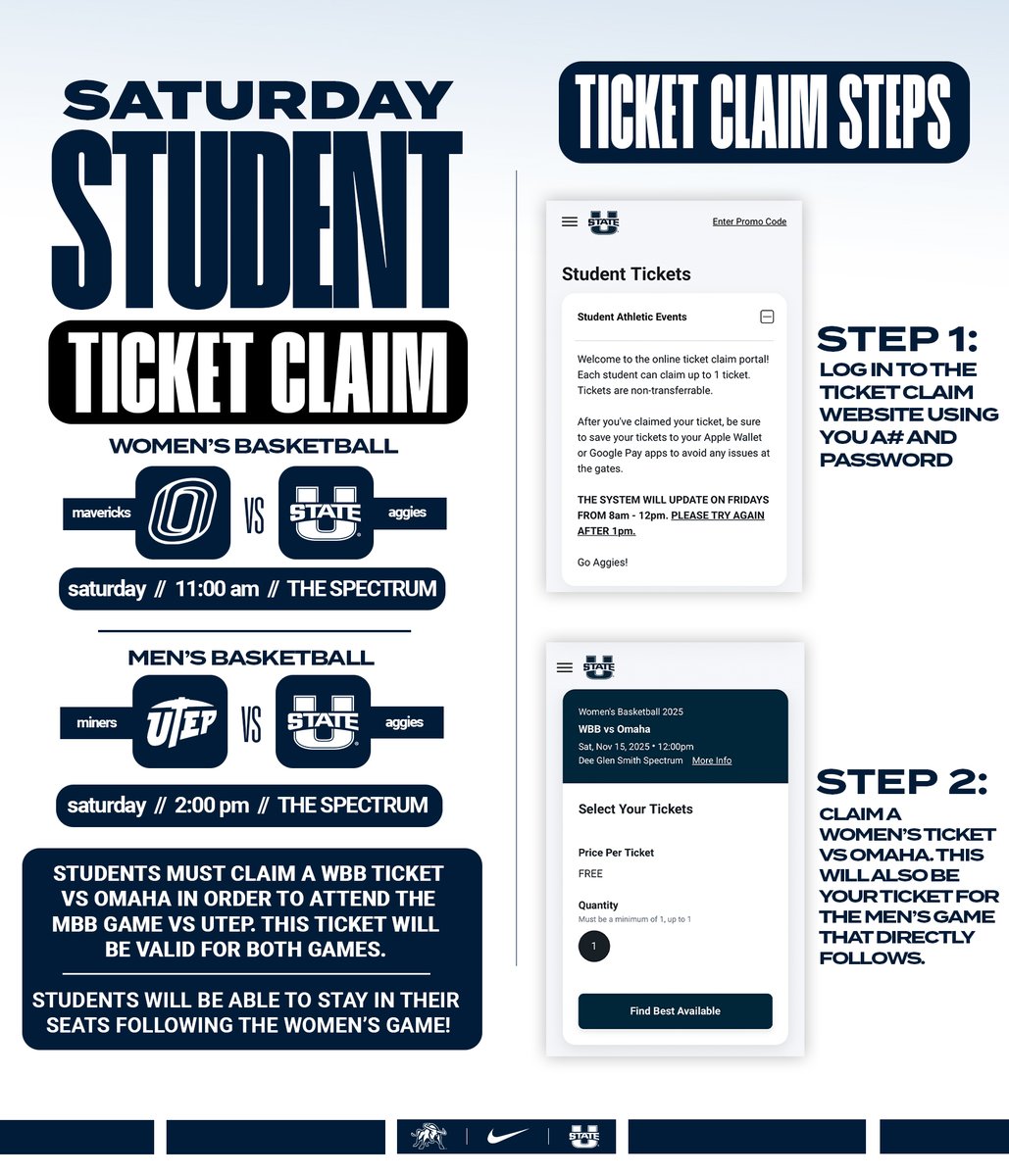 🚨 𝗦𝗔𝗧𝗨𝗥𝗗𝗔𝗬 𝗦𝗧𝗨𝗗𝗘𝗡𝗧 𝗧𝗜𝗖𝗞𝗘𝗧 𝗖𝗟𝗔𝗜𝗠 🚨

Students must claim a <a href="/USUWBasketball/">USU Women's Hoops</a> vs Omaha ticket to attend the <a href="/USUBasketball/">USU Men's Hoops</a> vs UTEP game that will directly follow. 

Students will be able to remain in their seats for the men's game at the conclusion of the