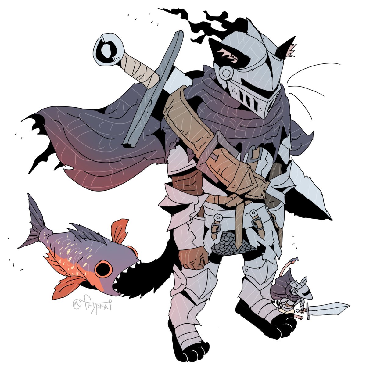Cat knight with piranha
