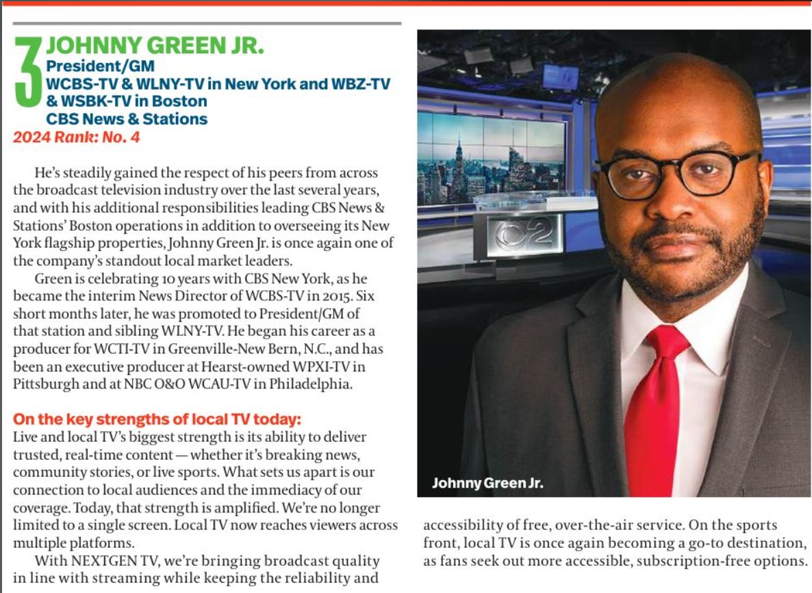 CBSNewsPress's tweet photo. Congratulations to @JGreenCBS, president and GM of @CBSNewYork and @cbsboston, for being named one of @RBRTVBR’s 2025 Top Local TV Leaders— recognizing those shaping the future of local broadcasting through innovation, leadership and community impact.

#CBSNewYork #CBSBoston #TopLocalTVLeaders #BroadcastExcellence