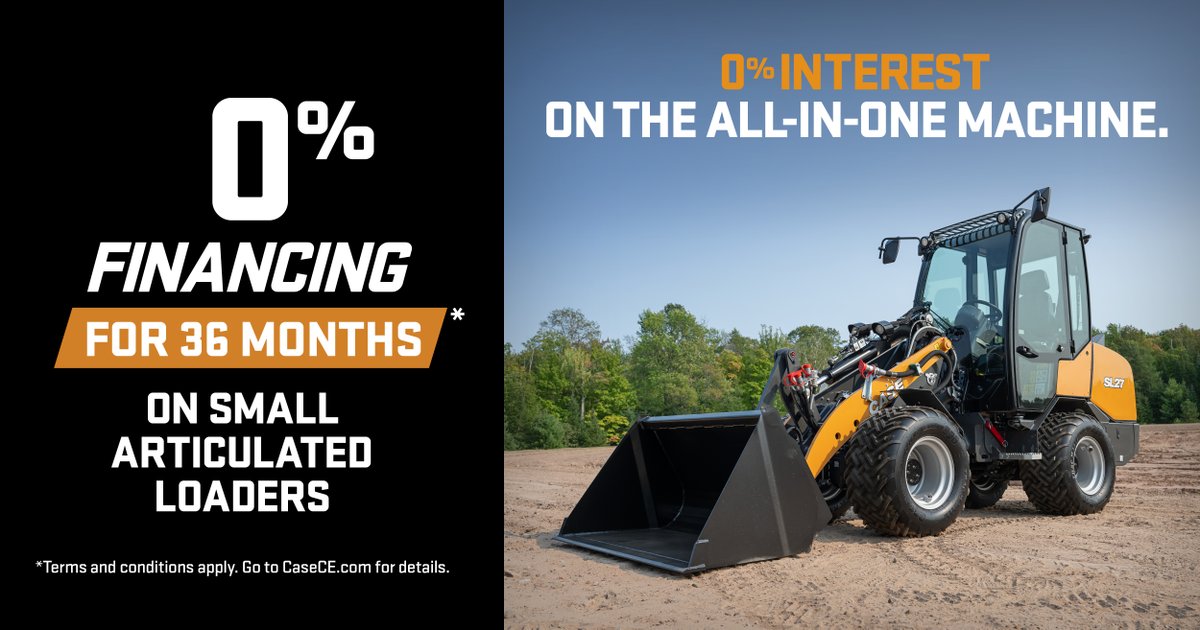 CaseCE's tweet image. Load, sweep, dig, plane and auger with the all-in-one machine at no interest. Get 0% financing for 36 months when you add a CASE Small Articulated Loader to your fleet. 

Offer details: ow.ly/vcYY50Xkn6l.

#caseconstruction #smallarticulatedloader #contractor