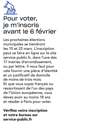 Municipales 2026 : si vous n'êtes pas encore inscrit sur les listes pour voter à Paris, alors que vous y payez des impôts, c'est le moment !  La mairie de Paris omet dans son magazine de préciser que : artisans, commerçants, professions libérales, vous y avez droit !