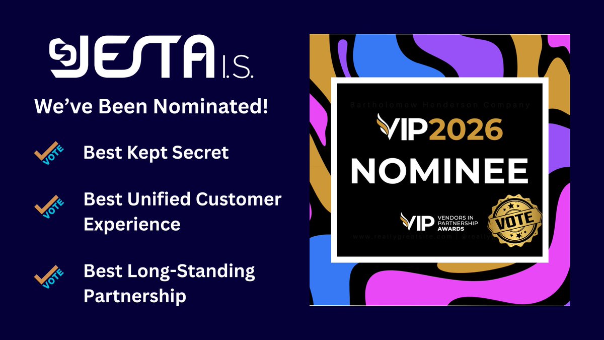📢We’re proud to share that Jesta I.S. has been nominated for three 2026 <a href="/Vendor_Awards/">Vendors in Partnership Awards</a>  (VIP) Awards! 🎉
To our amazing clients, partners, and supporters —  we’d love your vote and support! 🙌
👉usvendorawards.awardsplatform.com/entry/vote/qEO…

#VIPAwards #VendorsinPartnership