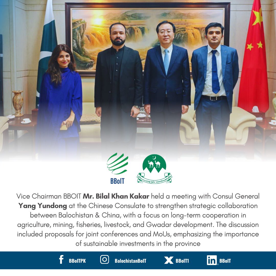 BBoIT1's tweet photo. VC #BBOIT @Bilal_khankaker held a meeting with Consul General Yang Yundong at the #Chinese Consulate to strengthen strategic collaboration between #Balochistan &amp; #China, with a focus on long-term cooperation in various sectors &amp; #Gwadar development. 

@ChinaDaily @PakSarfrazbugti https://t.co/hoZxNlaiTV