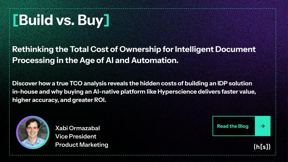 HyperscienceAI's tweet image. As AI reshapes how organizations process documents, the classic question returns:
should you build your own solution or buy a purpose-built platform? Our latest blog breaks down the true TCO over 5 years and the results are staggering. Click to read more: shorturl.at/CLPAi